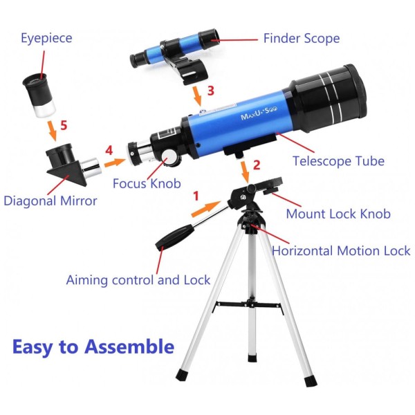 Encontraproduto.com.br - Telescópio Astronômico 16x200 com 4 Oculares de Ampliação e Adaptador de Telefone, MaxUSee F400X70, Azul