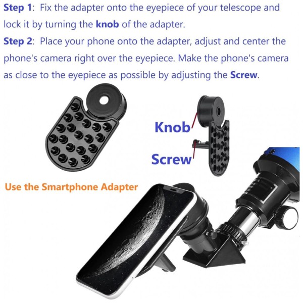 Encontraproduto.com.br - Telescópio Astronômico 16x200 com 4 Oculares de Ampliação e Adaptador de Telefone, MaxUSee F400X70, Azul