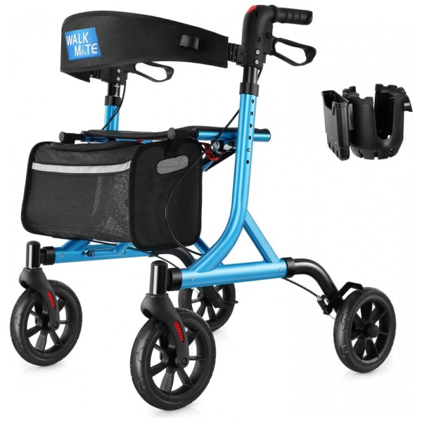 Encontraproduto.com.br - Andador para Idosos e Adultos com Encosto Acolchoado do Assento e Porta Copos, até 136 Quilos, WALK MATE, Azul