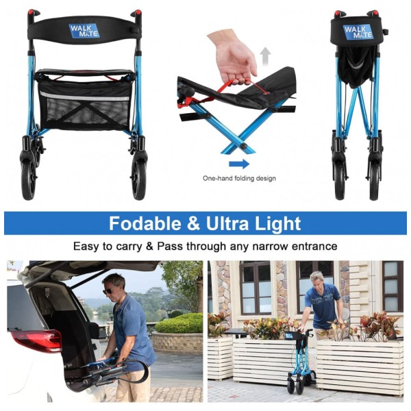 Encontraproduto.com.br - Andador para Idosos e Adultos com Encosto Acolchoado do Assento e Porta Copos, até 136 Quilos, WALK MATE, Azul