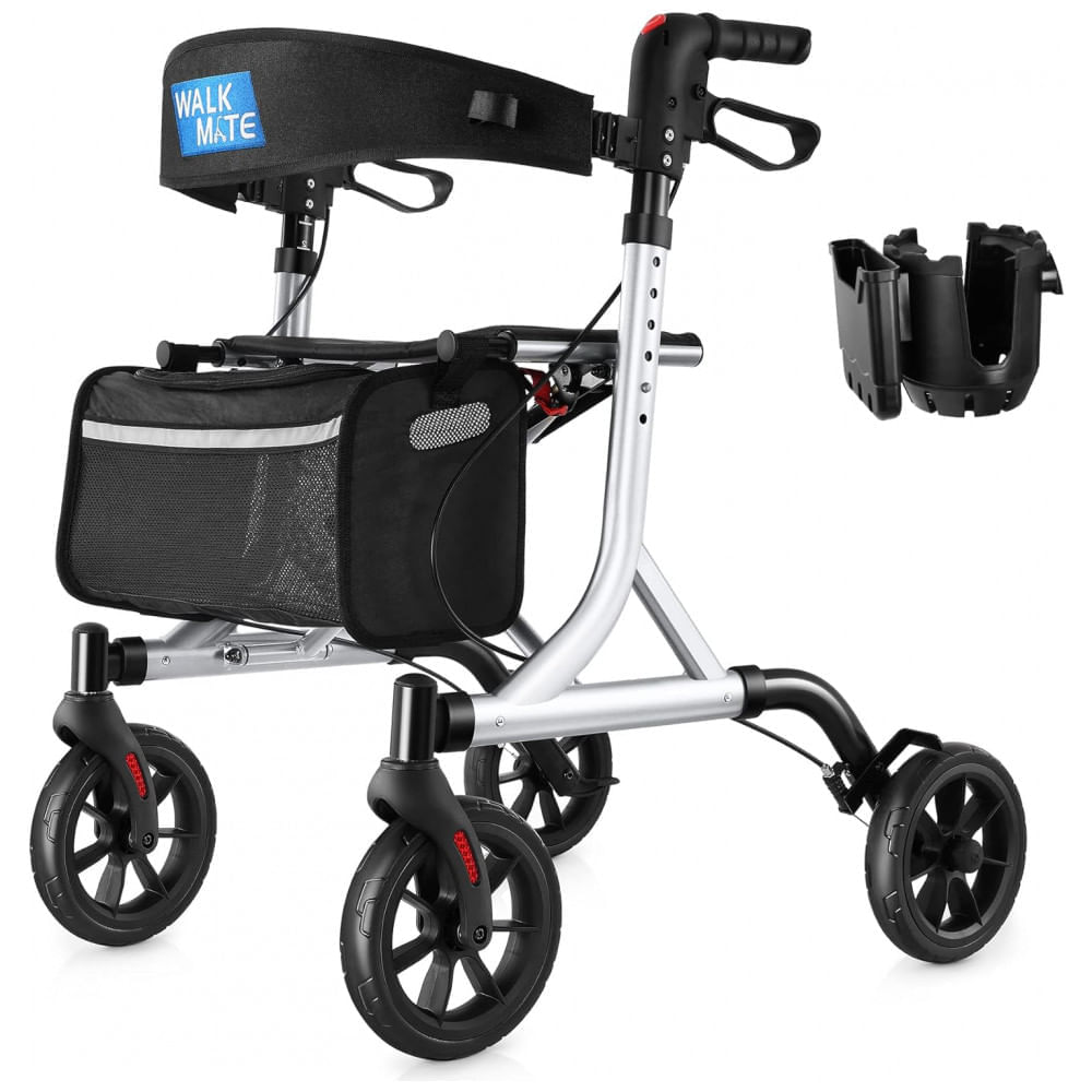 Andador para Idosos e Adultos com Encosto Acolchoado do Assento e Porta Copos, até 136 Quilos, WALK MATE, Prata