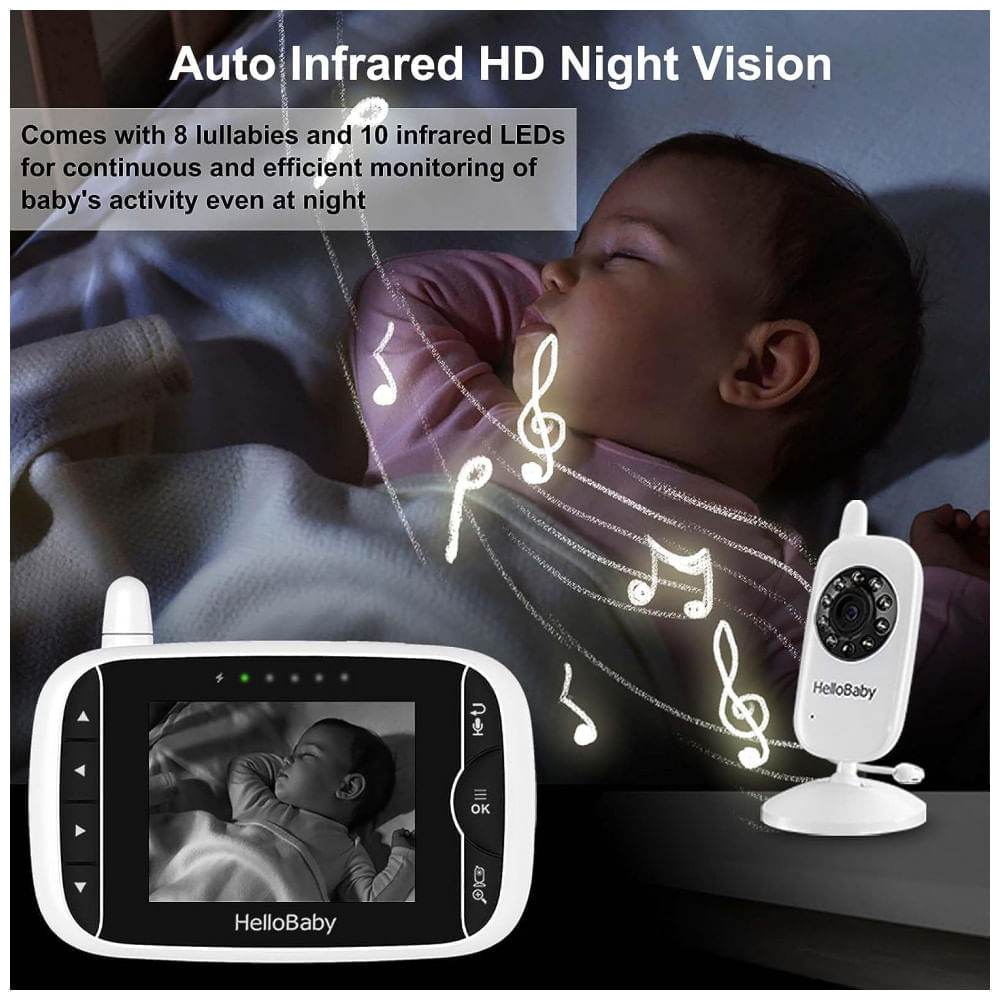 Encontraproduto.com.br - Babá Eletrônica com Câmera, Áudio, Monitor IPS, Modo Vox, Visão Noturna, sem WIFI, HelloBaby, Branca