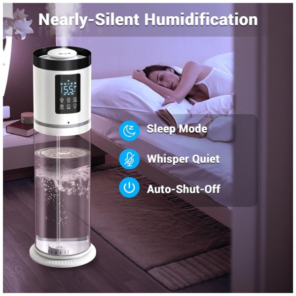 Encontraproduto.com.br - Umidificador para Quarto Grande 8L com Tanque Transparente e Luz Ambiente 7 Cores, Hiswelle, Branco