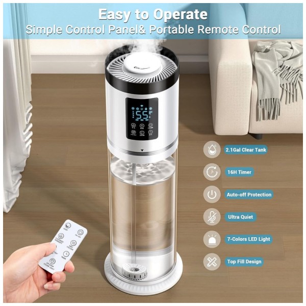 Encontraproduto.com.br - Umidificador para Quarto Grande 8L com Tanque Transparente e Luz Ambiente 7 Cores, Hiswelle, Branco