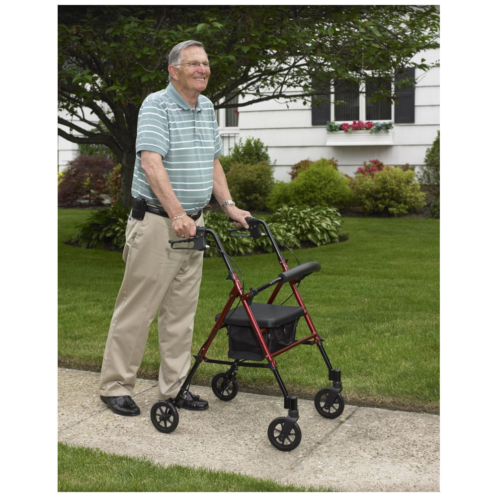 Encontraproduto.com.br - Andador para Idoso Dobrável até 136kg com Alças Ajustáveis e Assento, Drive Medical RTL10261RD, Vermelho