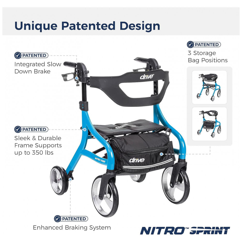 Encontraproduto.com.br - Andador para Idoso Dobrável até 160kg com Assento, Leve e Rodas Grandes, Drive Medical Pequeno, Azul