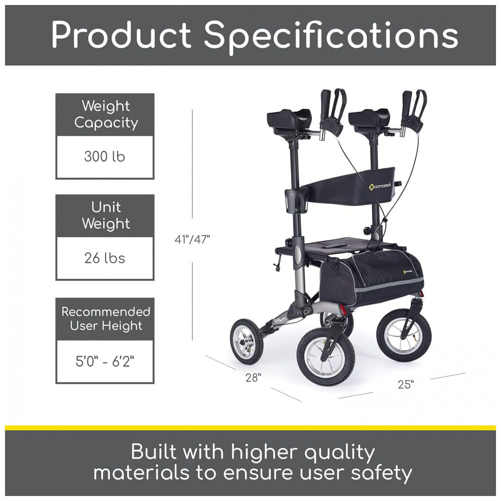 Encontraproduto.com.br - Andador para Idoso Dobrável até 136kg com Assento, Pneus Pneumáticos e Porta Bengala, Comodita, Amarelo