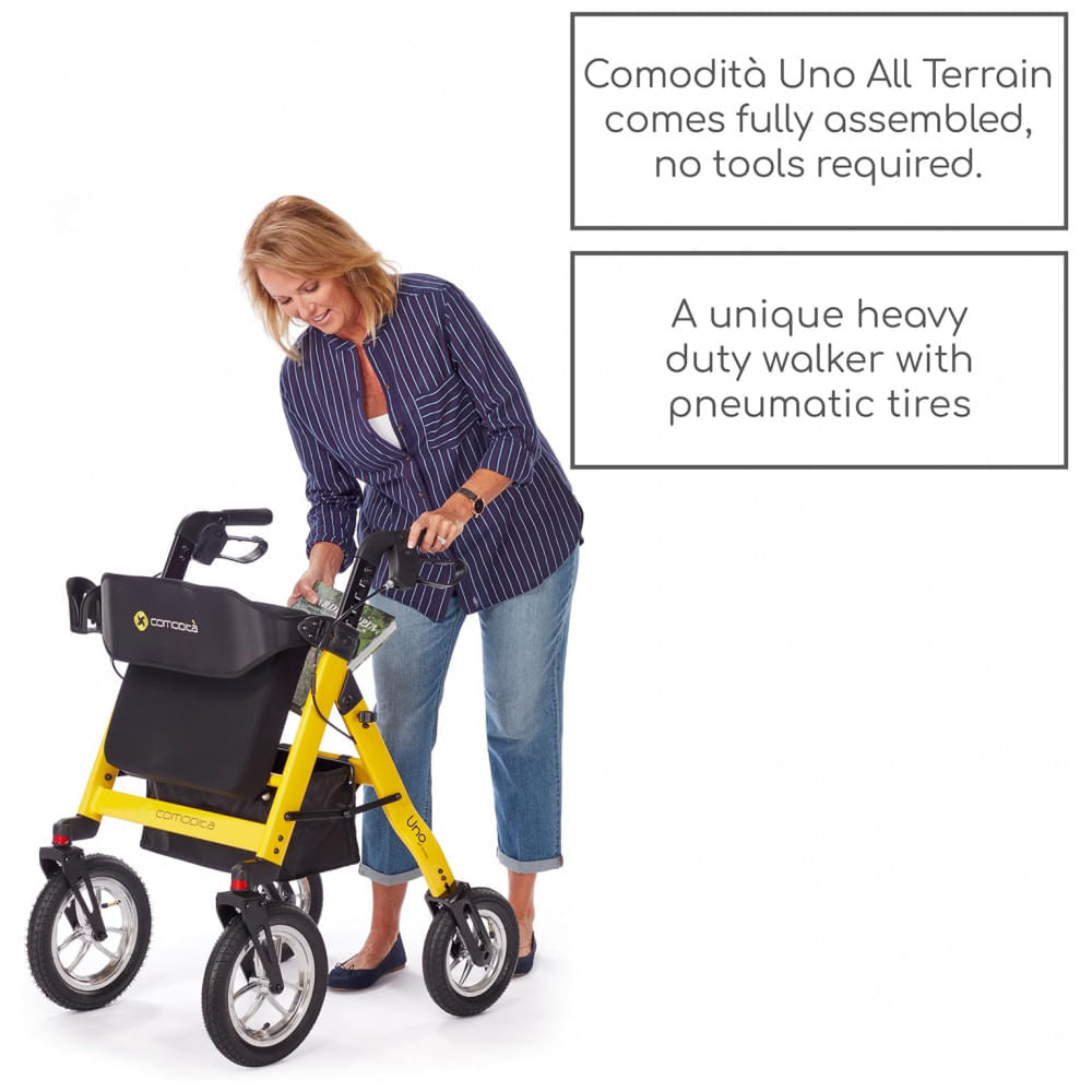 Encontraproduto.com.br - Andador para Idoso Dobrável até 136kg para Todo Terreno com Pneus Pneumáticos, Assento Ortopédico Extra Largo e Freios, Comodita, Cinza Metálico