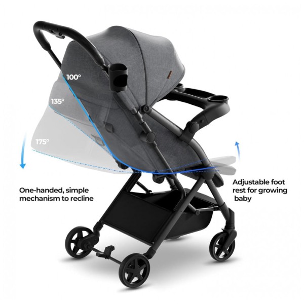 Encontraproduto.com.br - Carrinho de Bebê para Passeio Dobrável Ultracompacto com Assento Reclinável, Porta Copos, Bolsa de Viagem e Capa de Chuva, Mompush Lithe V2, Cinza