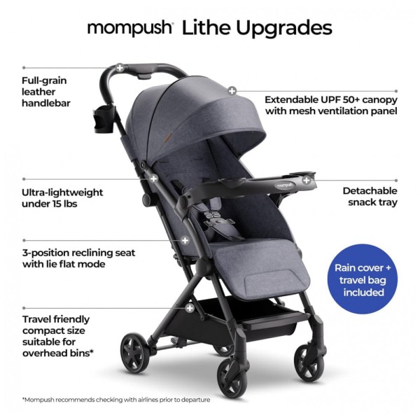 Encontraproduto.com.br - Carrinho de Bebê para Passeio Dobrável Ultracompacto com Assento Reclinável, Porta Copos, Bolsa de Viagem e Capa de Chuva, Mompush Lithe V2, Cinza
