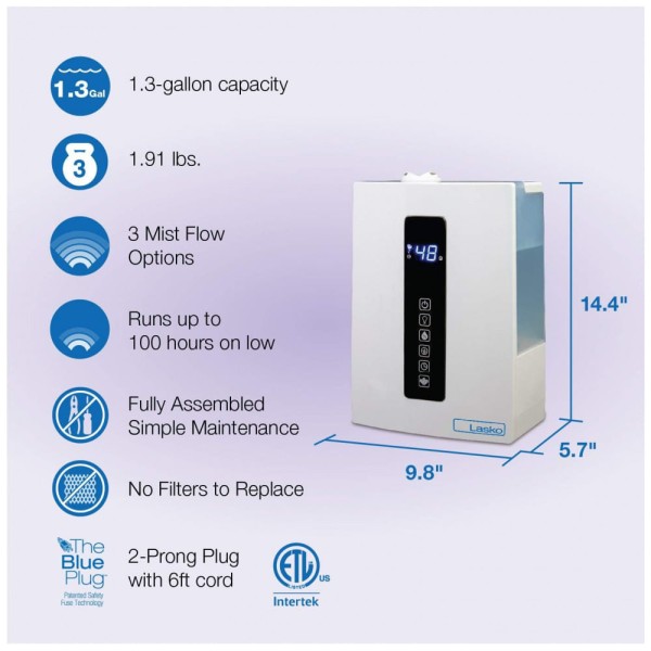 Encontraproduto.com.br - Umidificador Ultrassônico 4,9 Litros com Névoa Quente e Fria para Quarto e Sala, Lasko UH300, Branco