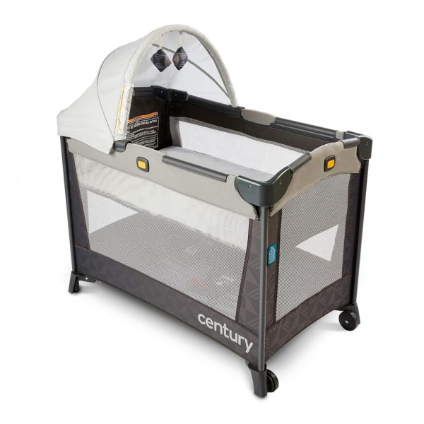 Encontraproduto.com.br - Berço Cercado Portátil 2 em 1 com Lençol Incluído e Dossel com 2 Brinquedos, Century, Cinza