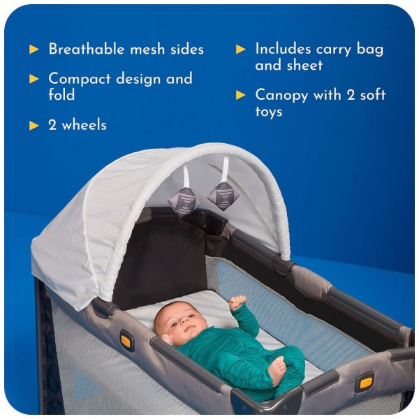 Encontraproduto.com.br - Berço Cercado Portátil 2 em 1 com Lençol Incluído e Dossel com 2 Brinquedos, Century, Cinza