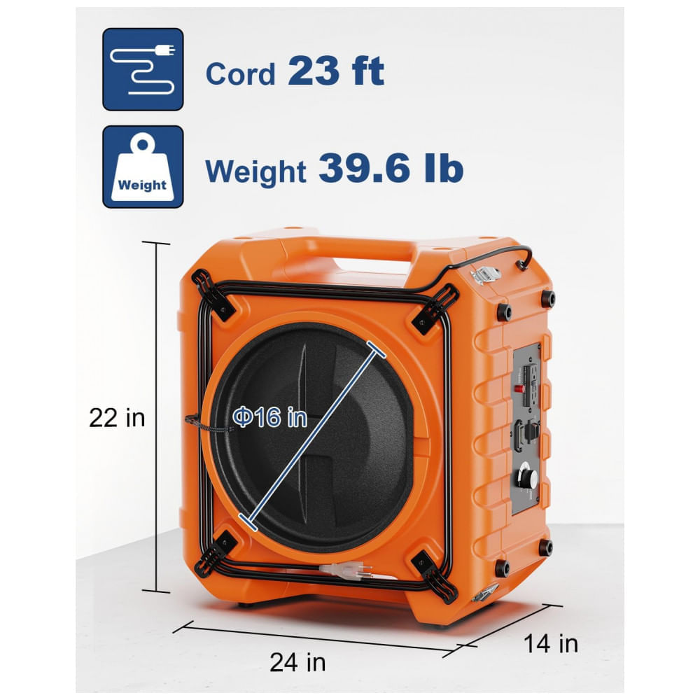 Encontraproduto.com.br - Purificador de Ar Industrial HEPA Pro 970 com Sistema de Filtragem de 3 Estágios e Saída GFCI, 115V, Alorair, Laranja