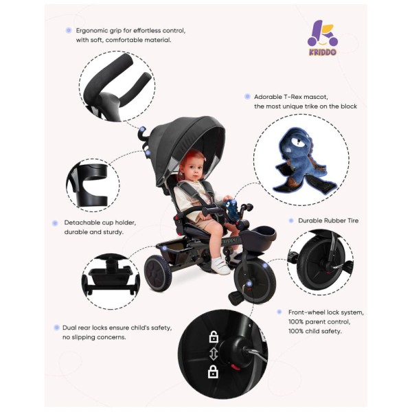 Encontraproduto.com.br - Triciclo 7 em 1 com Alça Ajustável, Assento Giratório, Porta-Copos, Capota Retrátil, Guarda-Corpo Removível e Apoio para os Pés, KRIDDO, Cinza e Preto