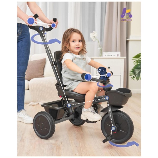 Encontraproduto.com.br - Triciclo 7 em 1 com Alça Ajustável, Assento Giratório, Porta-Copos, Capota Retrátil, Guarda-Corpo Removível e Apoio para os Pés, KRIDDO, Cinza e Preto