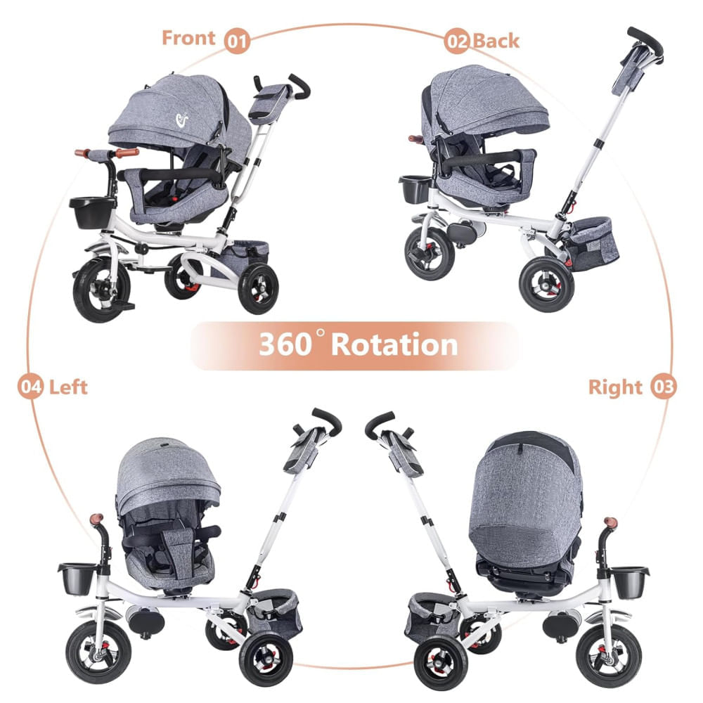 Encontraproduto.com.br - Triciclo Infantil Dobrável 4 em 1 com Modo Bicicleta, Alça e Assento Giratório 360º para Crianças Acima de 1 a 6 Anos, Godmy, Cinza