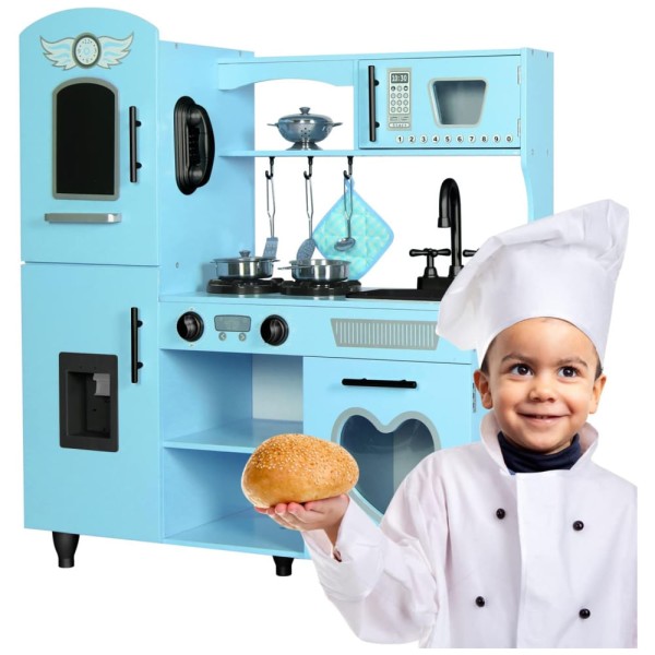 Encontraproduto.com.br - Cozinha Infantil em Madeira com 7 Utensílios, Luzes e Sons Realistas para Crianças Acima de 3 Anos, TaoHFE, Azul