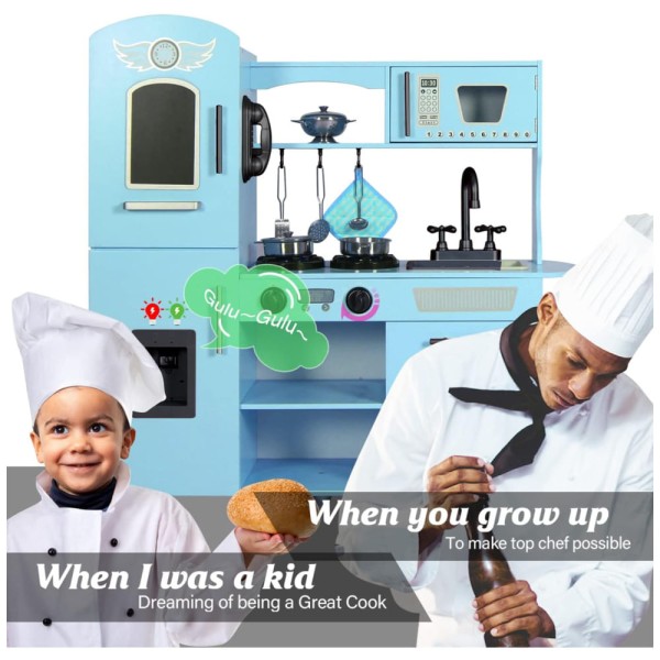 Encontraproduto.com.br - Cozinha Infantil em Madeira com 7 Utensílios, Luzes e Sons Realistas para Crianças Acima de 3 Anos, TaoHFE, Azul