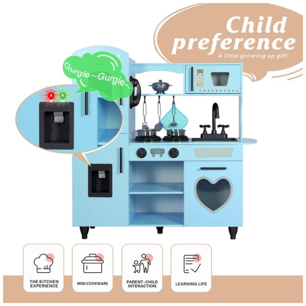 Encontraproduto.com.br - Cozinha Infantil em Madeira com 7 Utensílios, Luzes e Sons Realistas para Crianças Acima de 3 Anos, TaoHFE, Azul