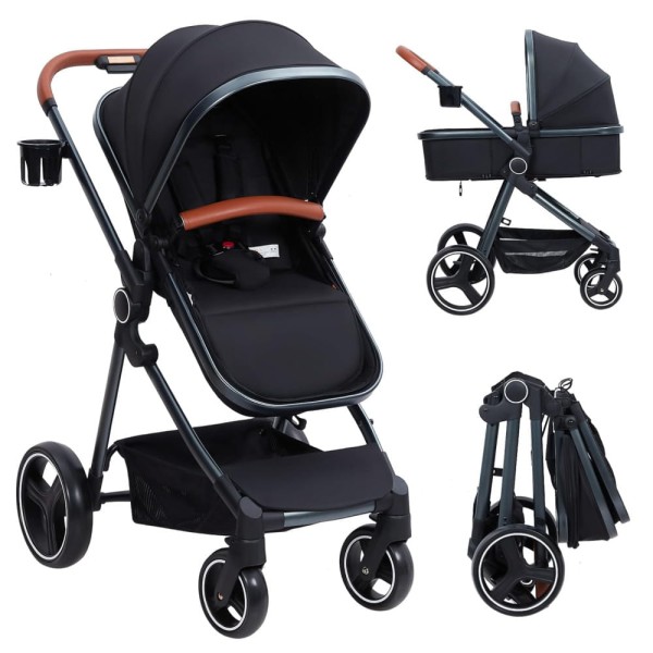 Encontraproduto.com.br - Carrinho de Bebê 2 em 1 com Modo Berço, Assento Reversível e Arnês de 5 Pontos, GAOMON, Preto