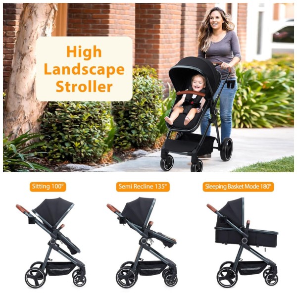 Encontraproduto.com.br - Carrinho de Bebê 2 em 1 com Modo Berço, Assento Reversível e Arnês de 5 Pontos, GAOMON, Preto