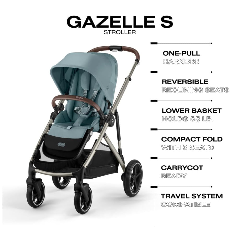 Encontraproduto.com.br - Carrinho de Bebê Duplo Modular com Mais de 20 Configurações e Inclui Cesto de Compras Removível, Cybex Gazelle S, Azul Claro