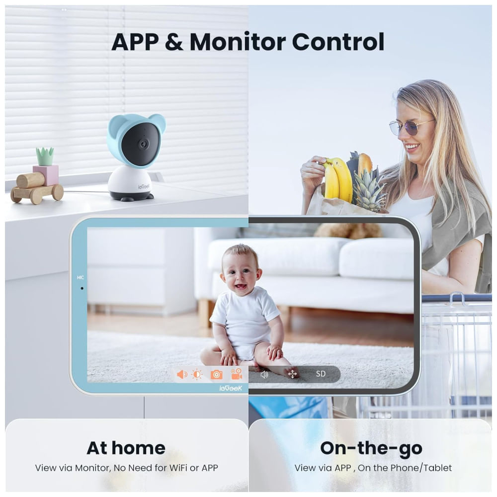 Encontraproduto.com.br - Babá Eletrônica com Câmera 1080P, Controle via Aplicativo, Visão Noturna, Detecção de Som e Movimento, ieGeek, Branca e Azul