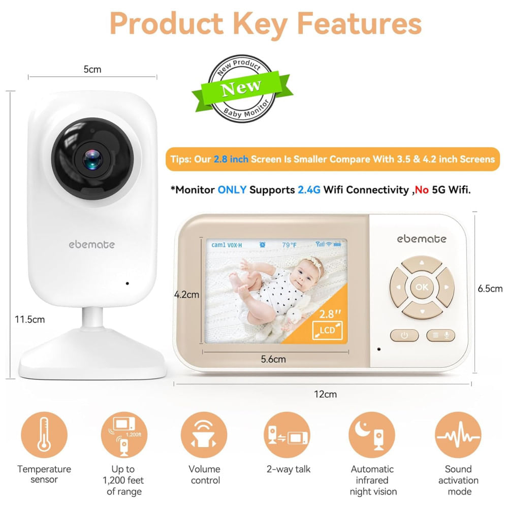 Encontraproduto.com.br - Babá Eletrônica com Tela LCD, Áudio e Vídeo HD, Visão Noturna e Alcance de 365M, Ebemate EBE28