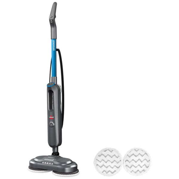 Encontraproduto.com.br - Esfregão Mop Giratório a Vapor com Faróis LEDS e Almofadas de Microfibra Laváveis, 110V, Bissel SpinWave, Cinza e Azul