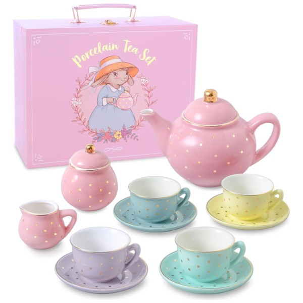 Encontraproduto.com.br - Jogo de Chá Infantil de Porcelana com Tema de Bolinhas Douradas e Estojo de Transporte, Giggle Honey, Colorido