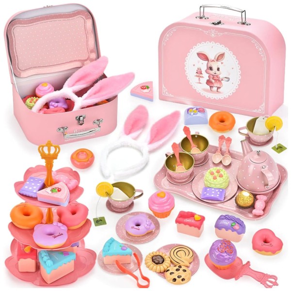 Encontraproduto.com.br - Jogo de Chá Infantil em Lata 50 Peças com Tema de Coelho e Maleta de Transporte para Crianças Acima de 3 Anos, Lajeje, Rosa