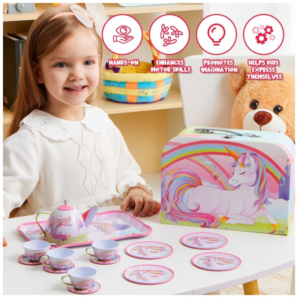 Encontraproduto.com.br - Jogo de Chá Infantil 14 Peças com Tema de Unicórnio e Maleta de Transporte para Crianças Acima de 3 Anos, JOYIN, Rosa