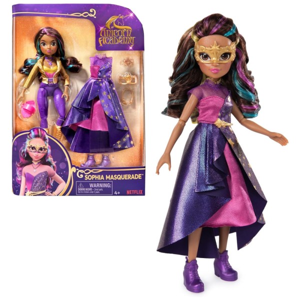 Encontraproduto.com.br - Boneca Sophia no Baile de Máscaras de 24 cm com 9 Acessórios de Moda e Cabelo com Listras de Arco-Íris para Crianças de 4 Anos ou Mais, Academia