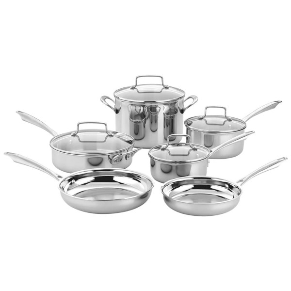 Encontraproduto.com.br - Jogo de Panelas e Frigideiras em Aço Inoxidável com 10 Peças, Bordas Cônicas para Vazamento sem Gotejamento e Alças de Aderência Fria, Cuisinart