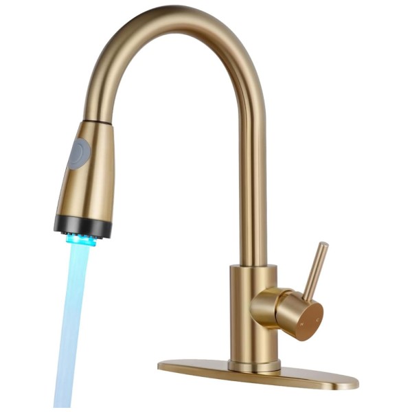 Torneira Cozinha com LED e Pulverizador Pull Down e Durável em Aço Inoxidável, Qomolangma, Dourada