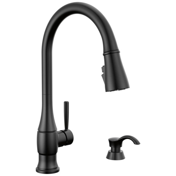 Torneira Cozinha com Dispensador de Sabão e Pulverizador Pull Down de Ancoragem Magnética, Delta Hazelwood 19831Z-BLSD-DST, Preto Fosco