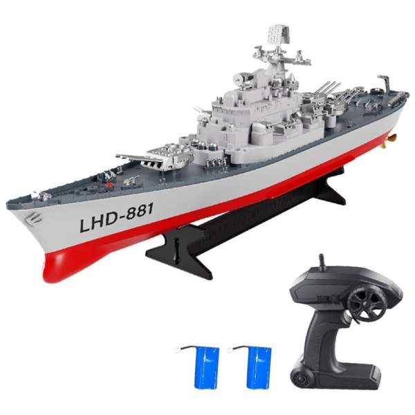 Encontraproduto.com.br - Navio de Guerra de Controle Remoto para Adultos, Escala 1:390 com Alarme de Bateria Fraca e 2 Baterias Inclusas, GoolRC, Cinza e Vermelho