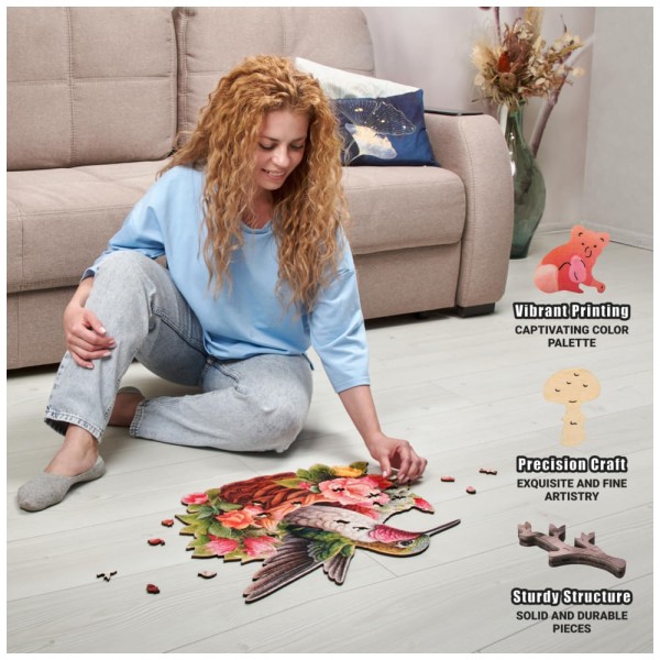 Encontraproduto.com.br - Quebra Cabeças em Madeira MDF para Adultos, Tema  Pássaro Glorious Hummingbird e Flores com 500 Peças, LEOGOR, Branco e Rosa