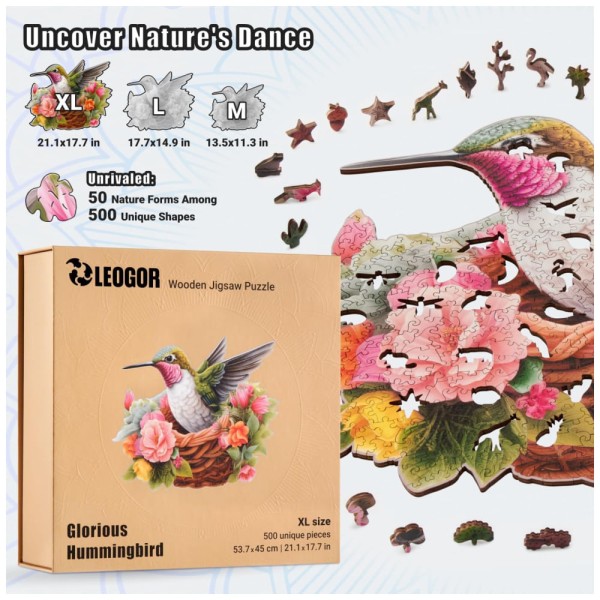 Encontraproduto.com.br - Quebra Cabeças em Madeira MDF para Adultos, Tema  Pássaro Glorious Hummingbird e Flores com 500 Peças, LEOGOR, Branco e Rosa
