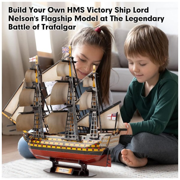 Encontraproduto.com.br - Quebra Cabeças 3D para Adultos, Tema Navio Veleiro Grande HMS Victory com 189 Peças, CubicFun T4019H, Vermelho e Amarelo