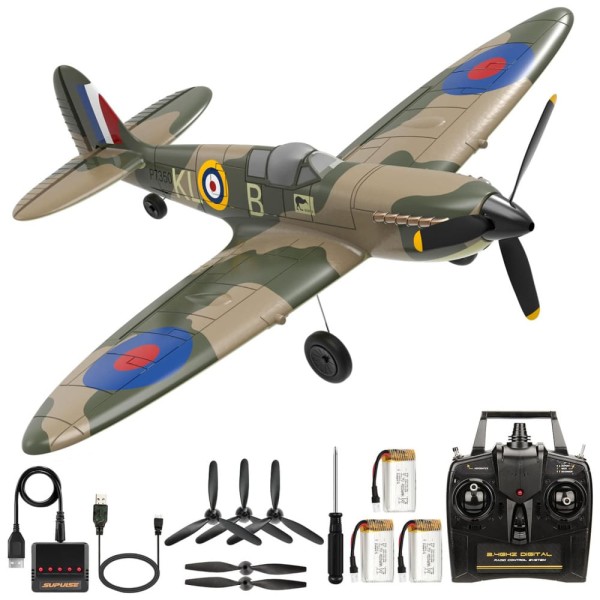 Encontraproduto.com.br - Avião de Controle Remoto de 4 Canais com Sistema de Estabilização Xpilot, One Key Acrobatic e Acessórios, ANTSIR Spitfire Fighter, Verde