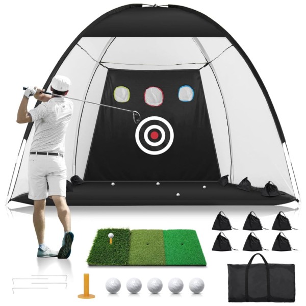 Encontraproduto.com.br - Rede de Treino para Golfe de 3m x 2,1m, Inlcui Tapete Tri-Turf, Redes Auxiliares, Alvo de Náilon e Redução de Ruído para Ambientes Internos e