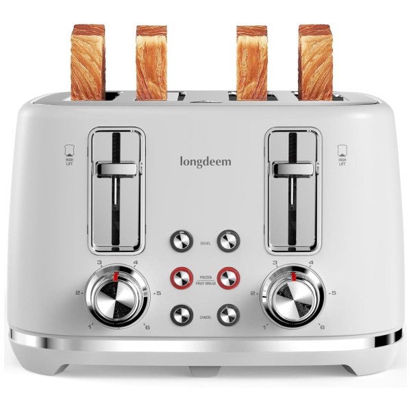Encontraproduto.com.br - Torradeira Retrô 4 Fatias com Desligamento Automático e 6 Níveis de Tostagem, 110V 1500W, LONGDEEM, Branca