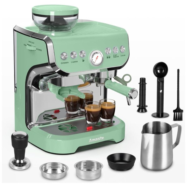 Encontraproduto.com.br - Máquina de Café Expresso Profissional 15 Bar com Vaporizador de Leite, Moedor Embutido e Tanque de Água Removível de 2L, 110V 1450W, Amaste AC-517E,
