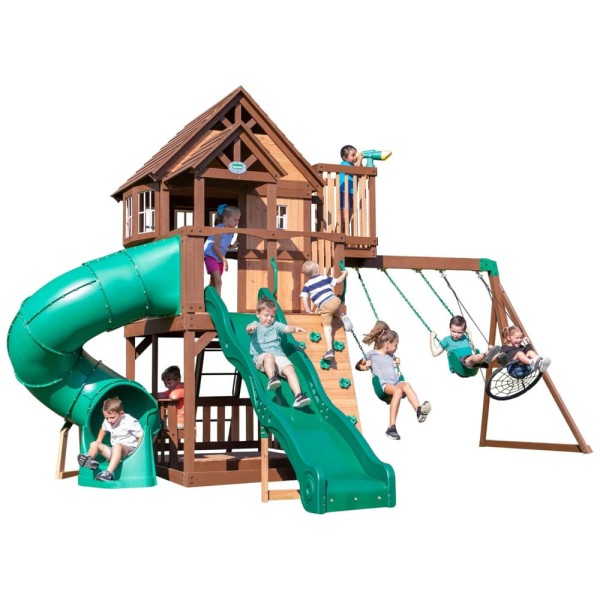 Encontraproduto.com.br - Playground de Madeira Externo com Balanço, Escorregador, Parede de Escalada e Mais para Crianças de 3 a 10 Anos, Backyard Discovery, Verde