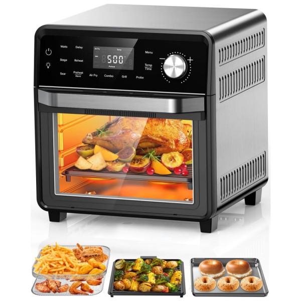 Forno Elétrico de Bancada 100 em 1, 14L com Função Air Fryer, Display LED, Porta de Vidro Duplo Isolado, 7 Funções, 110V 1500W, Nuwave, Preto e Prata