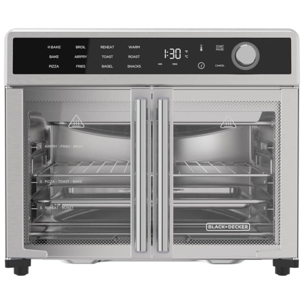 Encontraproduto.com.br - Forno Elétrico de Bancada em Aço Inoxidável com 12 Funções de Cozimento, Temporizador, Função Air Fryer, 110V 1650W, BLACK DECKER TO62D5, Prata