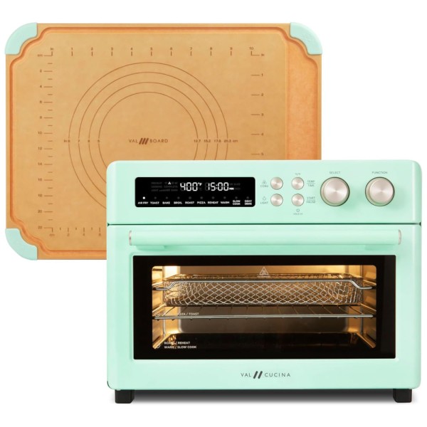 Encontraproduto.com.br - Forno Elétrico de Bancada 10 em 1 com Função Air Fryer, Tábua de Corte e 10 Funções Digitais Predefinidas, 110V, VAL CUCINA, Verde