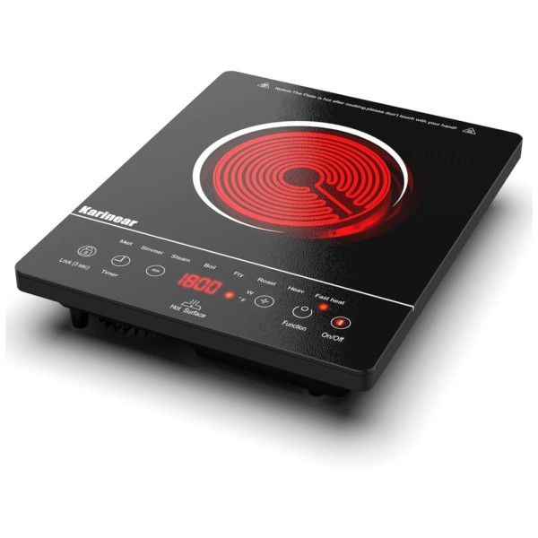 Cooktop Elétrico de Infravermelho Portátil com Trava de Segurança para Crianças, Temporizador e Indicador de Calor Residual, 110V 1800W, Karinear,